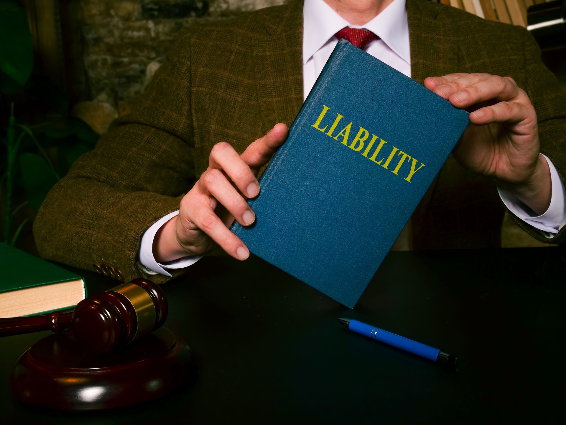 The lawyer at the table shows a book liability law.